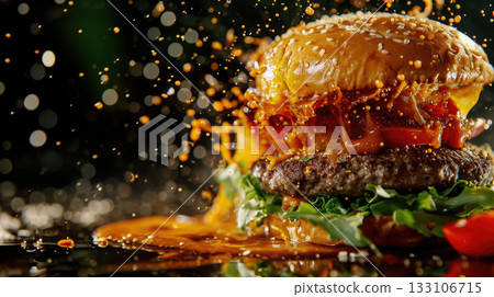 Burger with dynamic sauce splash and flying ingredients on dark background 133106715