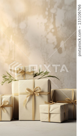 Multiple beige presents in japandi, wabi sabi style minimalist background 133106766
