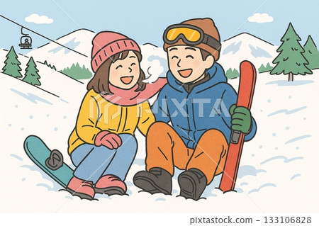 couple enjoying snowboarding 133106828