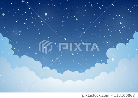 Peaceful winter scene with falling snow, fluffy clouds and starry night sky. Dreamy seasonal backdrop for Christmas greeting card, holiday banner, winter post, kids book, and festive designs. Vector Peaceful winter scene with falling snow, fluffy clouds and starry night sky. Dreamy seasonal backdrop for Christmas greeting card, holiday banner, winter post, kids book, and festive designs. Vector 133106868