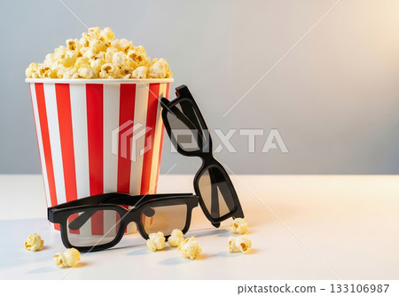 Movie theater image with popcorn and 3D glasses 133106987