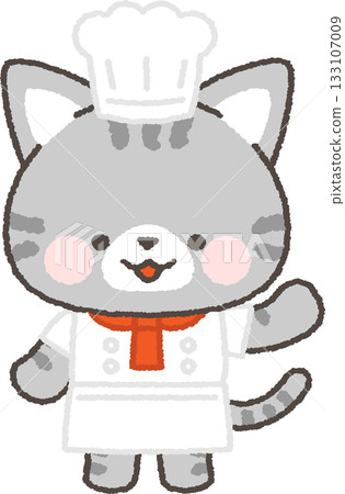 The tabby cat chef shows you around with one hand outstretched and a smile 133107009