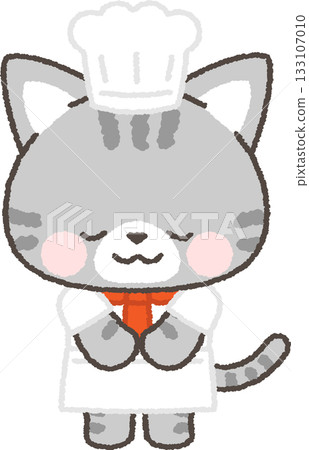 A smiling, tabby cat chef bowing 133107010