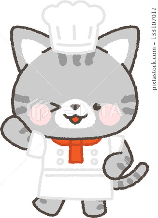 一隻虎斑貓廚師眨著眼,舉起一隻爪子 一隻虎斑貓廚師眨著眼,舉起一隻爪子 133107012