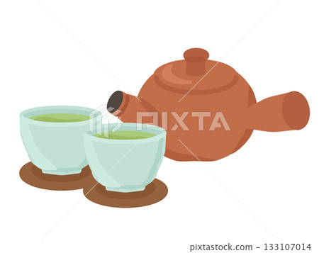Illustration of green tea with teapot and tea tray 133107014