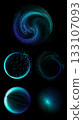 Blue neural swirl with curved lines and glowing dots on dark background 133107093