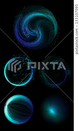 Blue neural swirl with curved lines and glowing dots on dark background 133107093
