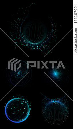 Abstract blue data sphere with curved network lines and particle field 133107094