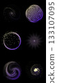 Circular particle motion spheres with glowing violet and yellow gradients on black 133107095