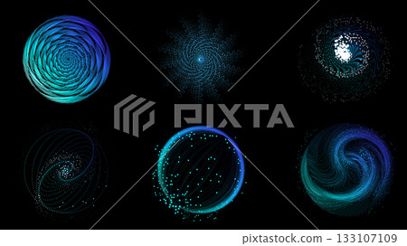 Blue neural spiral with particle field and curved motion on black background 133107109