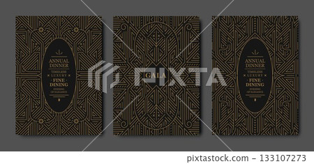 Premium gala card design, gold elegant frame, modern line art, luxury geometric pattern. VIP vector template classic deco, event invitations, posters, party flyers, award ceremonies 133107273
