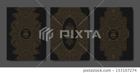 Premium gala card design, gold elegant frame, modern line art, luxury geometric pattern. VIP vector template classic deco, event invitations, posters, party flyers, award ceremonies 133107274