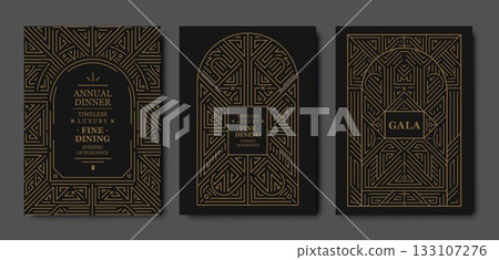 Premium gala card design, gold elegant frame, modern line art, luxury geometric pattern. VIP vector template classic deco, event invitations, posters, party flyers, award ceremonies Premium gala card design, gold elegant frame, modern line art, luxury geometric pattern. VIP vector template classic deco, event invitations, posters, party flyers, award ceremonies 133107276