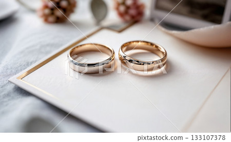 Two-toned wedding bands placed on white surface with soft natural lighting creating minimalist composition. Modern matrimonial elegance concept. 133107378
