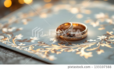 Rose gold wedding bands with diamond accents resting on elegant blue stationery with intricate golden floral design. Matrimonial elegance concept. 133107388