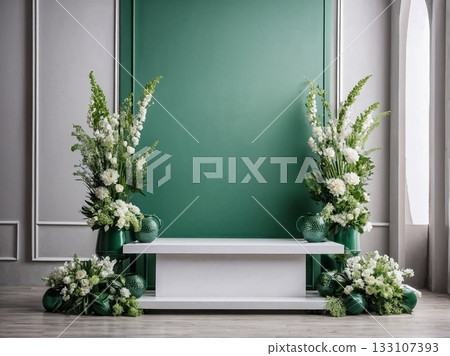 Green floral arrangements with elegant white podium for advertising macro products 133107393
