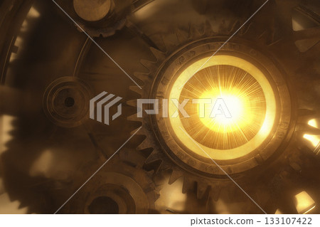 Glowing golden gears and cogs in an industrial design 133107422