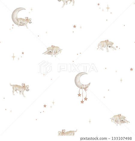 Seamless pattern with Labradors with tied to ribbon and stars with moon. Repeat ornament with hand drawn illustration dogs and baseball ball for design and beige grey muted tones for baby design. 133107498