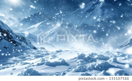 Majestic and Beautiful Winter Landscape Featuring Snowfall in a Picturesque Mountainous Region 133107588