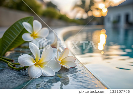 beautiful white frangipani flower on wood table 133107766