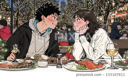 Young couple enjoying Christmas dinner 133107811