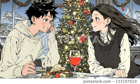 Young couple enjoying Christmas dinner 133107819