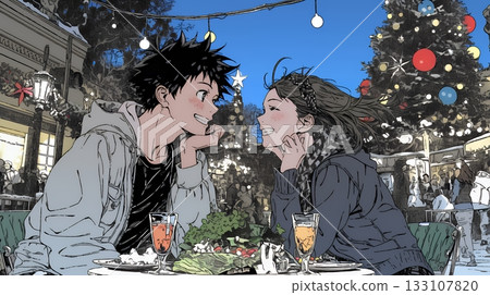 Young couple enjoying Christmas dinner 133107820