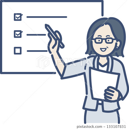 Illustration of a woman in her 40s giving a presentation, seminar, or training session 133107831