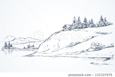 Firs on hill above river. Vector drawing Firs on hill above river. Vector drawing 133107876