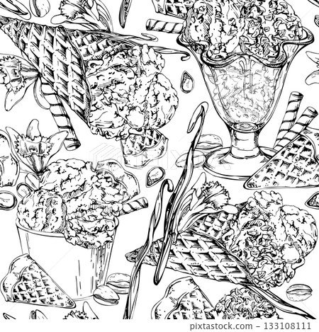 Sorbet gelato ice cream in waffle cone, glass bowl or paper cup with vanilla flower and pods, nuts garnish. graphic seamless pattern hand drawn in vector ink. Cold treat branding, eco dessert label 133108111