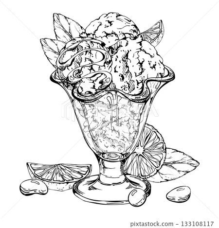 Ice cream gelato scoop in sundae tulip glass bowl with orange slices, mint leaves, candy dragee. Vector graphic illustration hand drawn in pen ink. Party branding, dessert label, artisanal candy tag 133108117