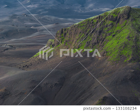 A rugged volcanic terrain in Iceland featuring a green moss covered hill surrounded by vast grayish plains, creating a stark and dramatic contrast. 133108234