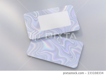 Holographic business cards with iridescent swirl pattern and rounded corners on glossy surface. Trendy mockup for modern branding design. 133108334