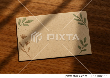 Eco paper card with hand-drawn floral corners on wooden background in natural light. Organic mockup for invitation, message, or branding. Eco paper card with hand-drawn floral corners on wooden background in natural light. Organic mockup for invitation, message, or branding. 133108336