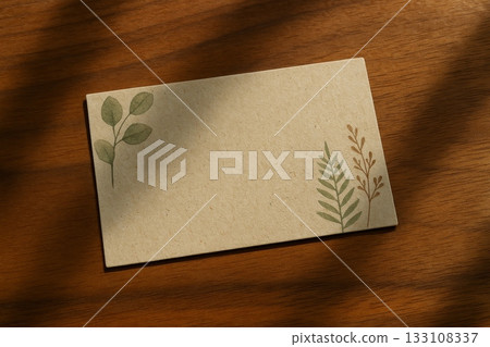 Blank eco paper card with botanical illustrations on wooden surface in sunlight. Natural mockup for invitation, message, or branding design. Blank eco paper card with botanical illustrations on wooden surface in sunlight. Natural mockup for invitation, message, or branding design. 133108337