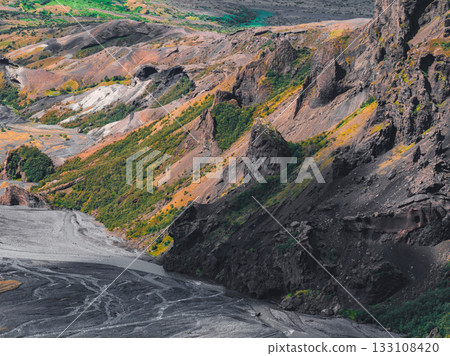 Steep cliffs of volcanic rock with green vegetation, colorful earth layers, and a winding glacial riverbed in an Icelandic valley. 133108420
