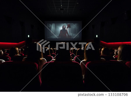 Rear view of audience watching a horror movie in a cinema 133108706