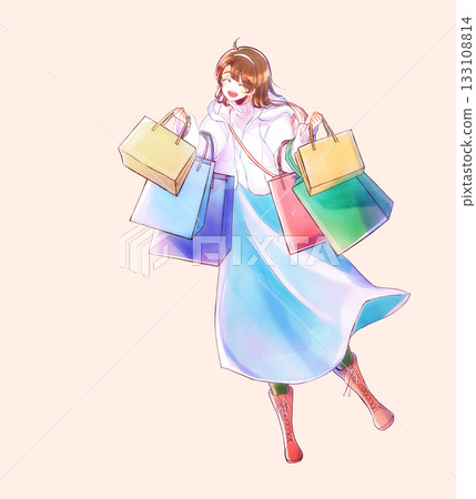 Woman with many shopping bags, long hair, smiling, winter Woman with many shopping bags, long hair, smiling, winter 133108814