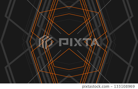 Black abstract modern background with gray and orange geometric lines and outlines with arrows and angles. 133108969