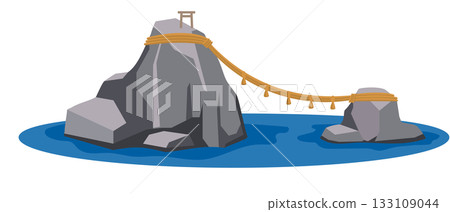 一幅簡潔可愛的插圖，描繪了三重縣的梅奧托岩和蔚藍的大海。 133109044