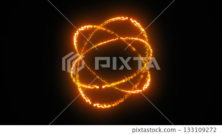 Vibrant orange energy loops forming rotating luminous rings in a dark futuristic space Vibrant orange energy loops forming rotating luminous rings in a dark futuristic space 133109272