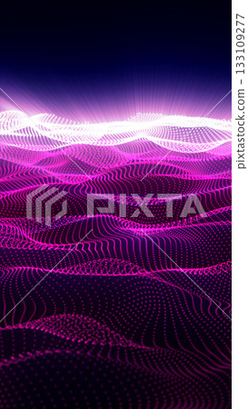 Abstract magenta and purple glowing grid waves of light particles forming a digital futuristic landscape Abstract magenta and purple glowing grid waves of light particles forming a digital futuristic landscape 133109277