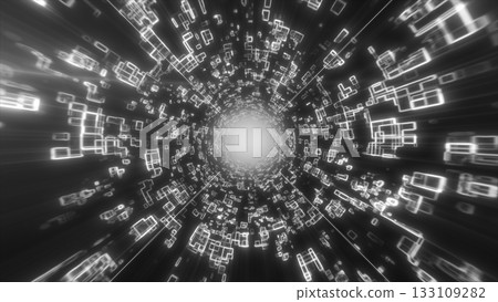 Monochrome glowing tunnel of white geometric frames rushing toward a bright central void Monochrome glowing tunnel of white geometric frames rushing toward a bright central void 133109282