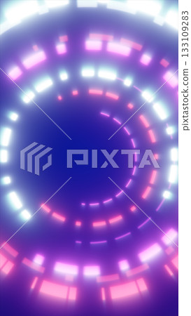 Glowing concentric neon rings in blue, pink, and white creating a futuristic tunnel effect 133109283