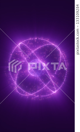 Glowing purple energy sphere surrounded by orbiting light trails, symbolizing atomic power or digital energy 133109284