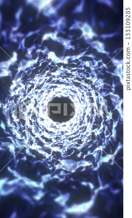 Bright blue crystalline vortex tunnel forming a spiraling energy path into a dark central void 133109285
