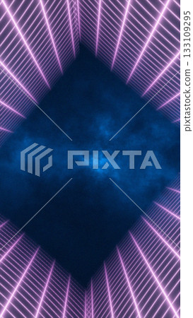 Futuristic neon tunnel with glowing purple grid and deep blue atmospheric background Futuristic neon tunnel with glowing purple grid and deep blue atmospheric background 133109295