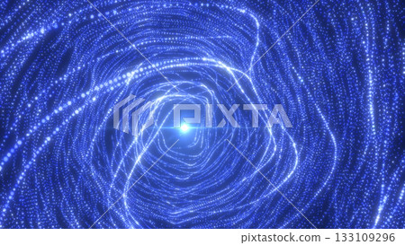 Deep blue glowing tunnel of swirling particles forming a futuristic digital vortex 133109296