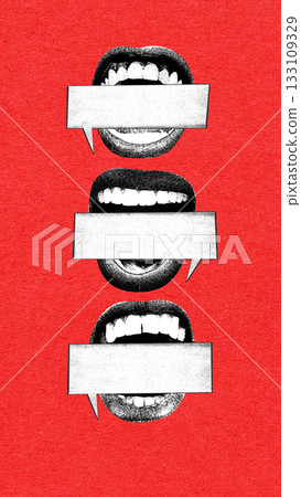 Expressive collage of three open mouths covered by speech bars suggesting suppressed voice Expressive collage of three open mouths covered by speech bars suggesting suppressed voice 133109329
