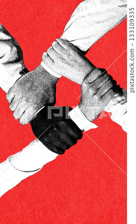 Powerful composition of diverse hands gripping each other with strong unity emotion Powerful composition of diverse hands gripping each other with strong unity emotion 133109335